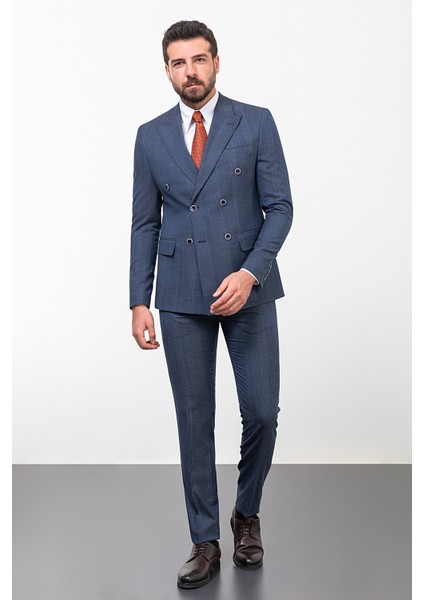 Çizgili Lacivert Slim Fit Kruvaze Erkek Takım Elbise