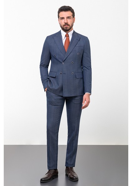 Çizgili Lacivert Slim Fit Kruvaze Erkek Takım Elbise modelleri