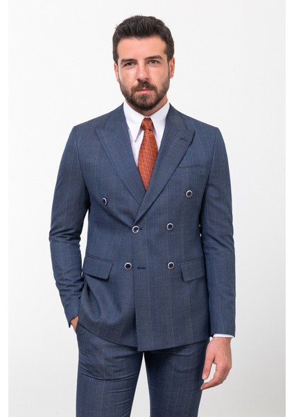 Çizgili Lacivert Slim Fit Kruvaze Erkek Takım Elbise fırsatları