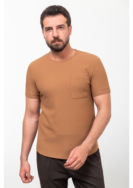 Desenli Kamel Rengi Slim Fit Bisiklet Yaka Basic Erkek T-Shirt