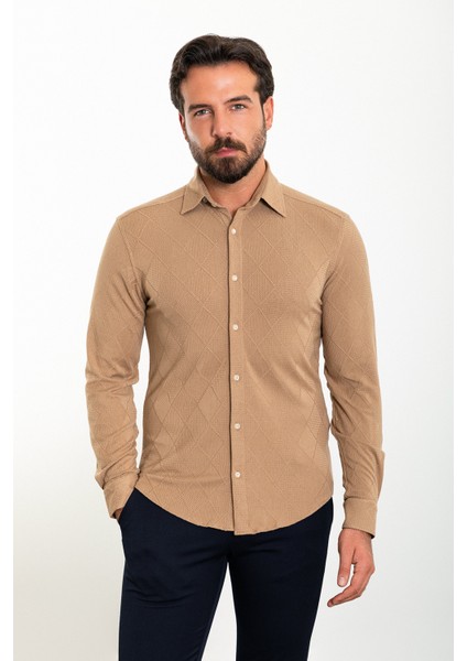 Desenli Kamel Rengi Slim Fit Erkek Gömlek