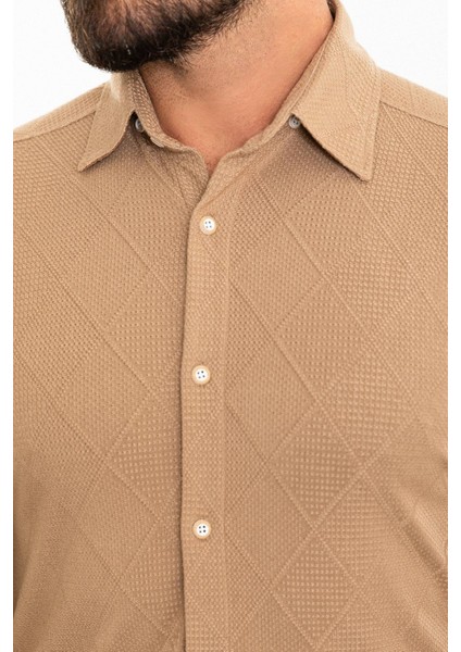 Desenli Kamel Rengi Slim Fit Erkek Gömlek