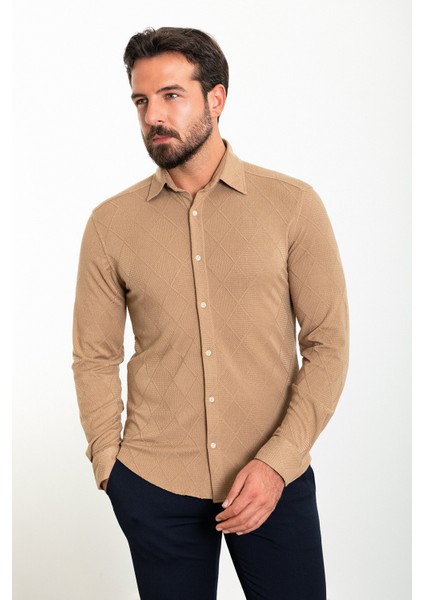 Desenli Kamel Rengi Slim Fit Erkek Gömlek