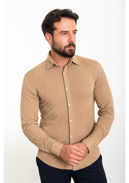 Desenli Kamel Rengi Slim Fit Erkek Gömlek