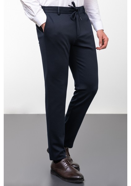 Düz Lacivert Super Slim Fit Beli Lastikli Ipli Erkek Pantolon