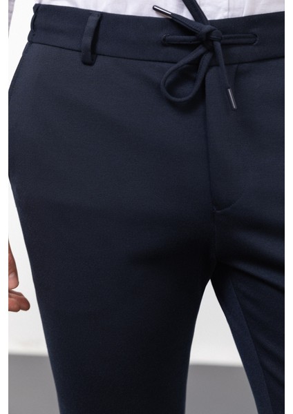 Düz Lacivert Super Slim Fit Beli Lastikli Ipli Erkek Pantolon