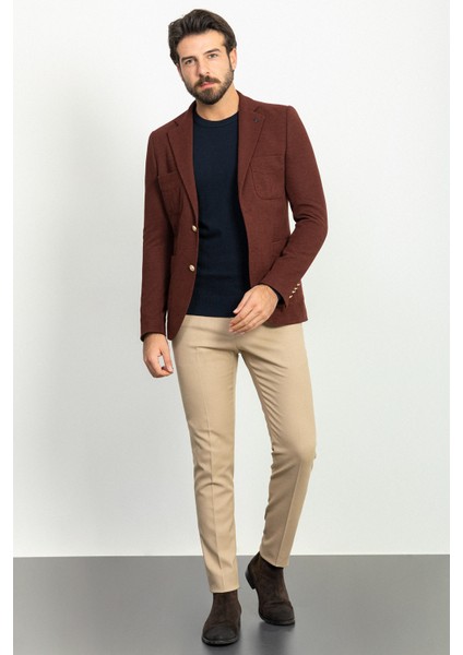 Dokulu Kahverengi Torba Cep Slim Fit Erkek Ceket