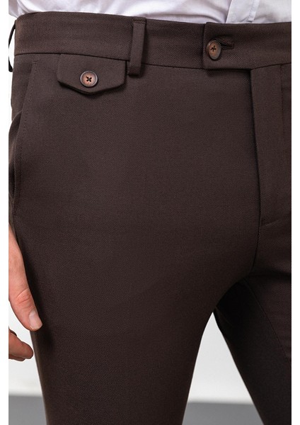 Düz Kahverengi Slim Fit Klasik Erkek Pantolon