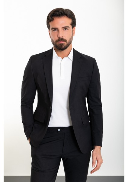 Düz Siyah Slim Fit Mono Yaka Erkek Takım Elbise