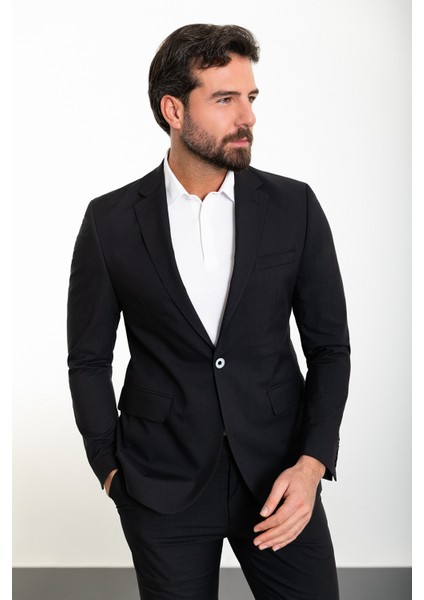 Düz Siyah Slim Fit Mono Yaka Erkek Takım Elbise fırsatları