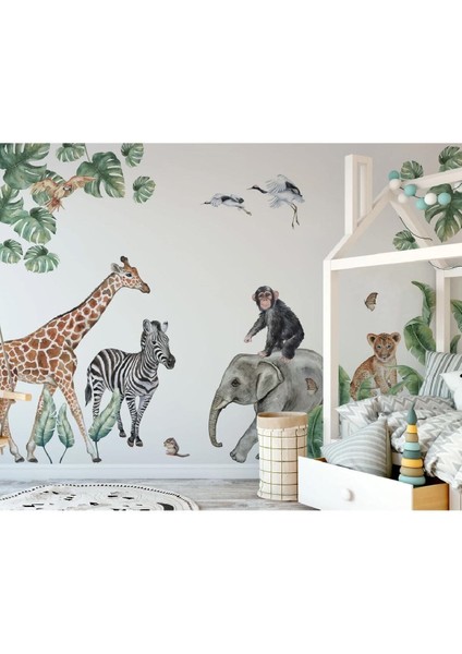 Renkli hayvan ve yaprak temalı büyük duvar sticker seti, canlı ve şık dekorasyon seçenekleri