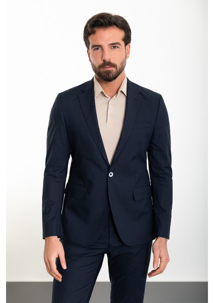 Düz Lacivert Slim Fit Mono Yaka Erkek Takım Elbise