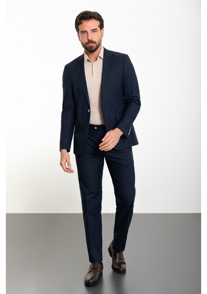 Düz Lacivert Slim Fit Mono Yaka Erkek Takım Elbise