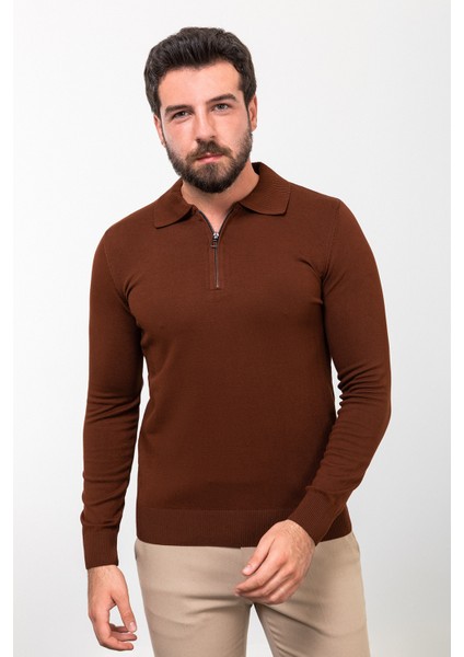 Düz Kiremit Rengi Slim Fit Fermuarlı Polo Yaka Erkek Triko Kazak