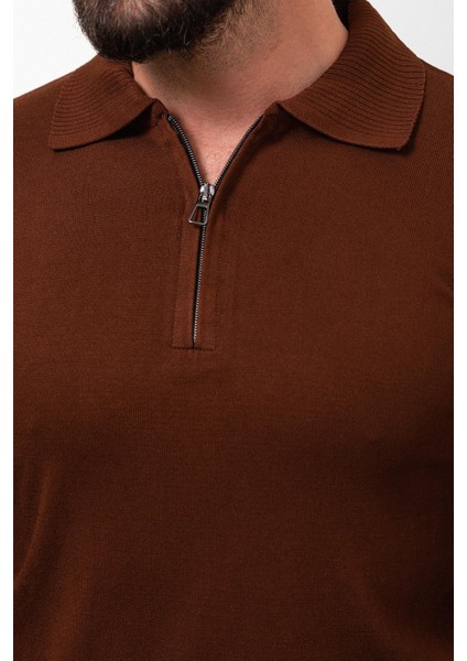 Düz Kiremit Rengi Slim Fit Fermuarlı Polo Yaka Erkek Triko Kazak