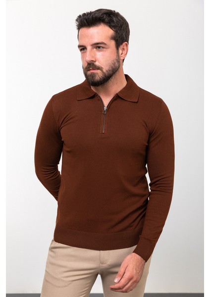 Düz Kiremit Rengi Slim Fit Fermuarlı Polo Yaka Erkek Triko Kazak
