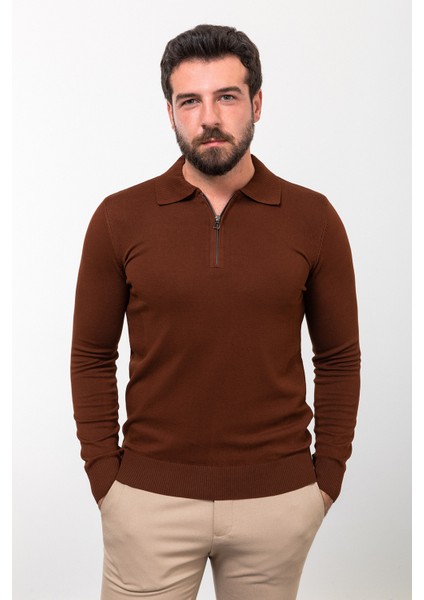 Düz Kiremit Rengi Slim Fit Fermuarlı Polo Yaka Erkek Triko Kazak
