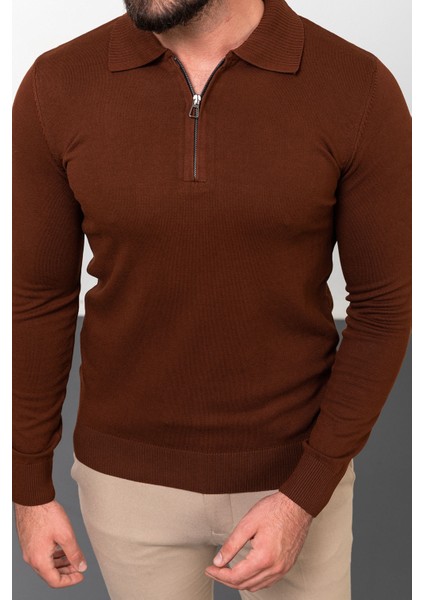 Düz Kiremit Rengi Slim Fit Fermuarlı Polo Yaka Erkek Triko Kazak