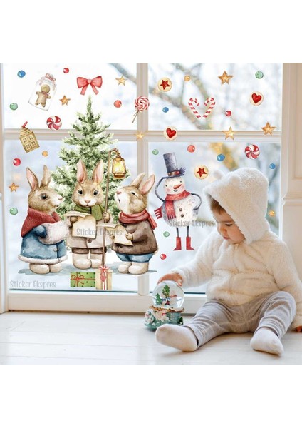 Renkli Sevimli Yılbaşı Temalı 5+ Parçalı Cam ve Duvar Sticker Seti