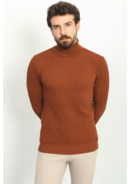 Dokulu Kiremit Rengi Slim Fit Tam Balıkçı Yaka Erkek Kazak