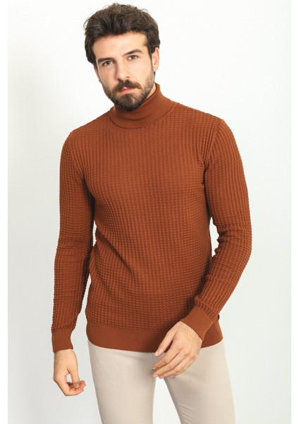 Dokulu Kiremit Rengi Slim Fit Tam Balıkçı Yaka Erkek Kazak