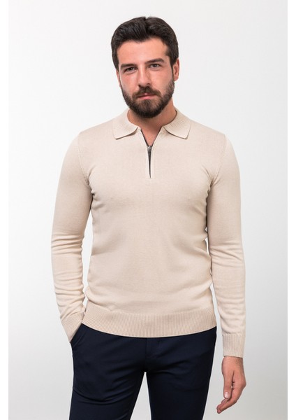 Düz Bej Slim Fit Fermuarlı Polo Yaka Erkek Triko Kazak