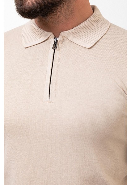 Düz Bej Slim Fit Fermuarlı Polo Yaka Erkek Triko Kazak fiyatları