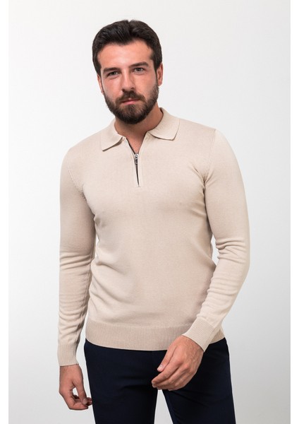 Düz Bej Slim Fit Fermuarlı Polo Yaka Erkek Triko Kazak fırsatları