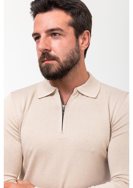 Düz Bej Slim Fit Fermuarlı Polo Yaka Erkek Triko Kazak indirimleri