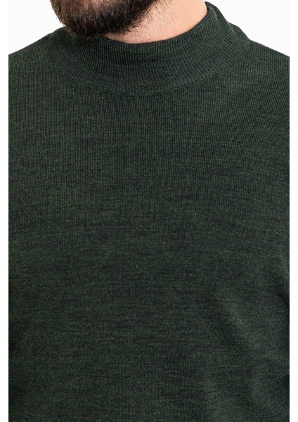 Düz Haki Slim Fit Yarım Balıkçı Yaka Yün Erkek Triko Kazak