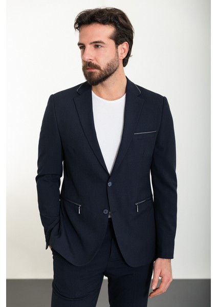 Düz Lacivert Slim Fit Mono Yaka Fermuarlı Erkek Takım Elbise