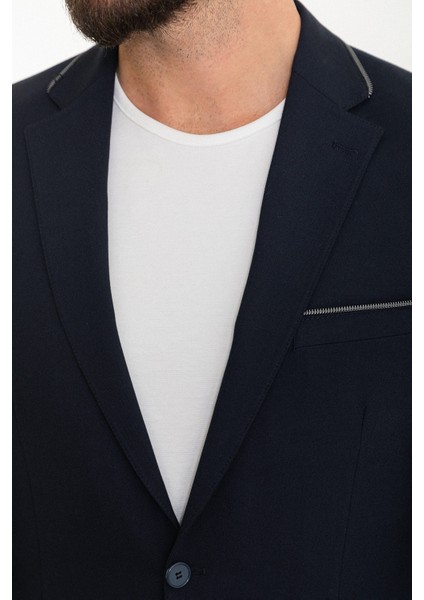 Düz Lacivert Slim Fit Mono Yaka Fermuarlı Erkek Takım Elbise