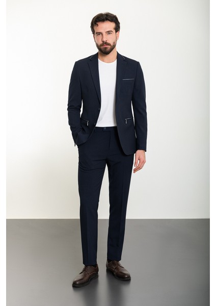 Düz Lacivert Slim Fit Mono Yaka Fermuarlı Erkek Takım Elbise
