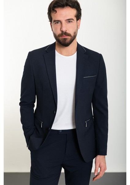 Düz Lacivert Slim Fit Mono Yaka Fermuarlı Erkek Takım Elbise