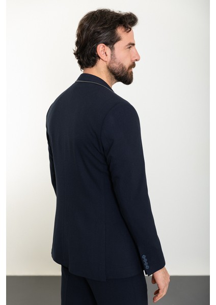 Düz Lacivert Slim Fit Mono Yaka Fermuarlı Erkek Takım Elbise