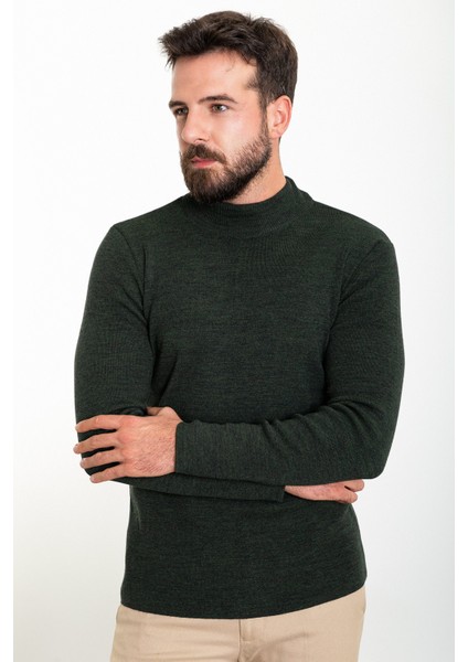 Düz Haki Slim Fit Yarım Balıkçı Yaka Yün Erkek Triko Kazak