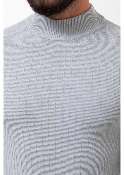 Desenli Gri Slim Fit Yarım Balıkçı Yaka Erkek Triko Kazak