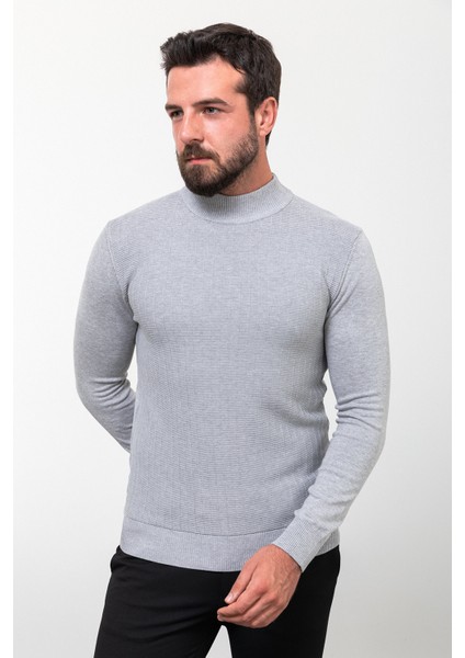 Desenli Gri Slim Fit Yarım Balıkçı Yaka Erkek Triko Kazak