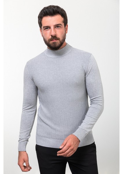 Desenli Gri Slim Fit Yarım Balıkçı Yaka Erkek Triko Kazak