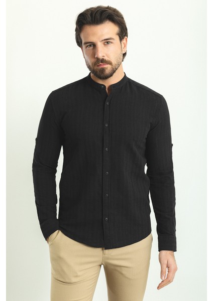 Çizgi Desenli Siyah Renk Slim Fit Hakim Yaka Uzun Kollu Erkek Gömlek