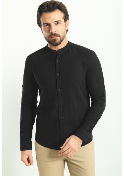 Çizgi Desenli Siyah Renk Slim Fit Hakim Yaka Uzun Kollu Erkek Gömlek modelleri