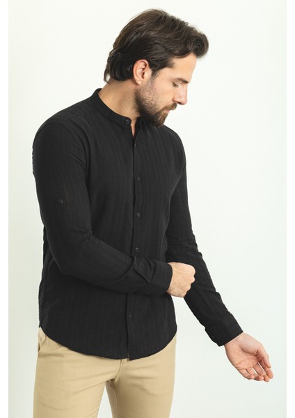 Çizgi Desenli Siyah Renk Slim Fit Hakim Yaka Uzun Kollu Erkek Gömlek fırsatları