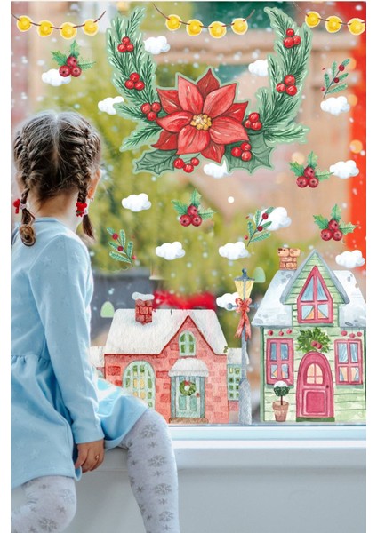 Renkli Çiçekli Yılbaşı Temalı Cam Kapı ve Duvar Sticker Seti, Çocuk Odası Dekoru