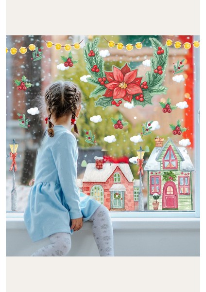 Renkli Çiçekli Yılbaşı Temalı Cam Kapı ve Duvar Sticker Seti, Çocuk Odası Dekoru fiyatları