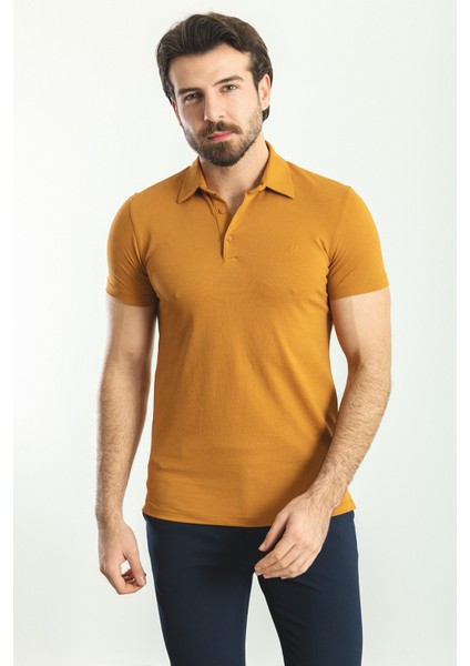 Düz Kamel Rengi Slim Fit Polo Yaka Basic Erkek T-Shirt