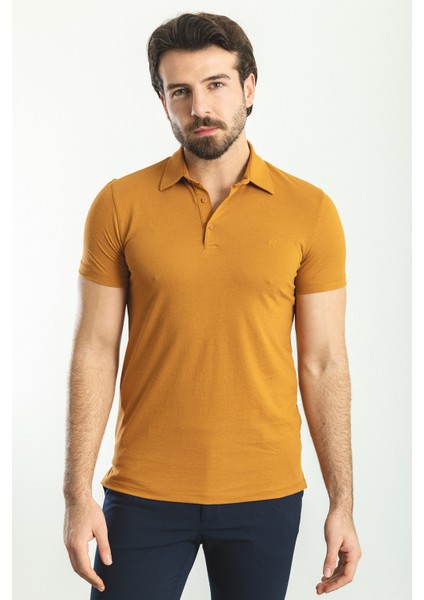 Düz Kamel Rengi Slim Fit Polo Yaka Basic Erkek T-Shirt modelleri
