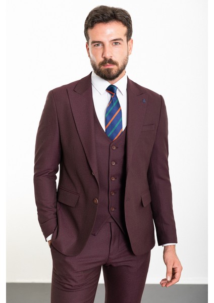 Düz Bordo Slim Fit Geniş Yaka Yün Klasik Erkek Takım Elbise