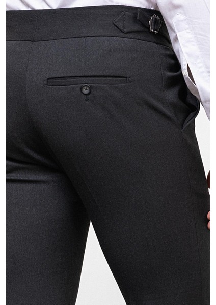 Düz Antrasit Super Slim Fit Kemer Detaylı Tokalı Erkek Pantolon