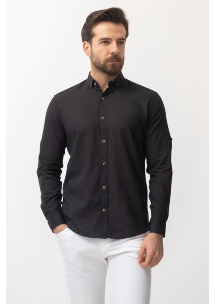 Düz Siyah Renk Slim Fit Basic Keten Erkek Gömlek