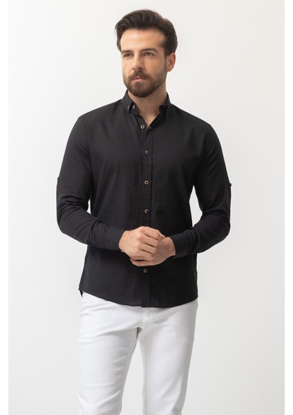 Düz Siyah Renk Slim Fit Basic Keten Erkek Gömlek modelleri